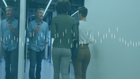 Animation-of-line-graph-over-diverse-coworkers-walking-in-corridor-of-office