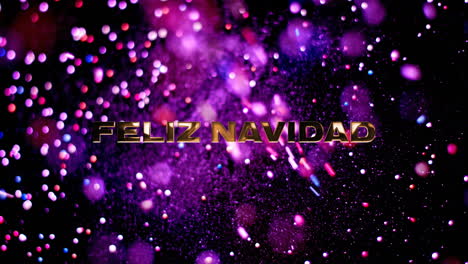 Animation-Des-Textes-„Feliz-Navidad“-über-Violetten-Partikeln,-Die-Auf-Schwarzen-Hintergrund-Fallen