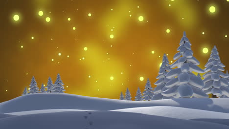 Animation-of-winter-scenery-over-lights-falling-on-yellow-background