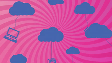 Animation-of-blue-clouds-with-mobile-applications-icons-over-pink-striped-background