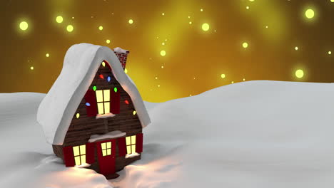Animation-Eines-Hauses-In-Einer-Winterlandschaft-Mit-Fallenden-Lichtflecken-Im-Hintergrund