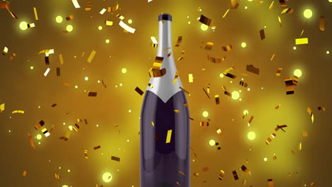 Animation-of-confetti-falling-over-bottle-of-champagne-on-yellow-background