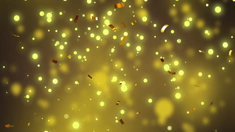 Animation-of-gold-confetti-falling-over-spot-lights-on-yellow-background