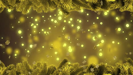 Animation-Von-Weihnachtstannenbäumen-Und-Fallendem-Schnee-Auf-Gelbem-Hintergrund