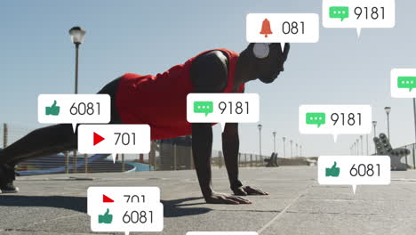 Animation-of-notification-bars-over-african-american-athlete-wearing-headphones-and-doing-push-ups