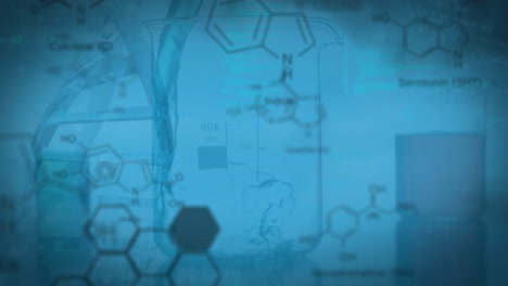 Animación-De-Estructuras-Moleculares-Sobre-Productos-Químicos-Que-Caen-En-Un-Matraz-De-Laboratorio-Contra-Fondo-Azul