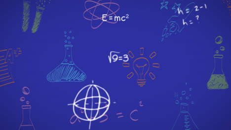 Animation-of-mathematical-equations,-chemistry-and-physics-drawings-over-blue-background