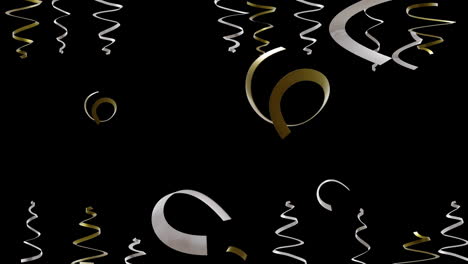 Animation-Von-Goldenen-Und-Silbernen-Party-Luftschlangen-Auf-Schwarzem-Hintergrund