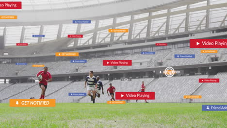 Animation-Von-Benachrichtigungsleisten-über-Verschiedenen-Spielern,-Die-Im-Stadion-Rugby-Spielen