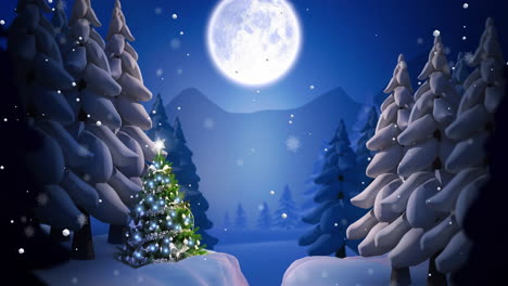Animation-of-snow-falling-over-christmas-winter-scenery-with-christmas-tree-and-full-moon-background