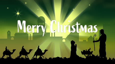 Animation-of-feliz-navidad-text-over-nativity-scene-with-three-wise-men-on-green-background