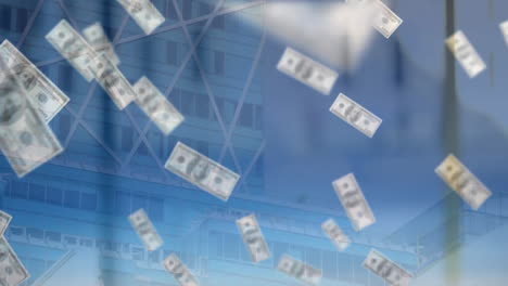 Animation-of-dollar-bills-over-people-walking-against-glass-window-and-modern-building