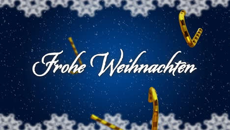 Animation-of-frohe-wihnachten-text-over-candy-canes-on-blue-background