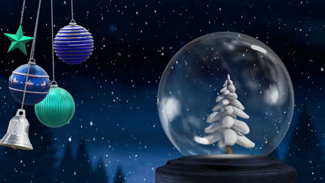 Animation-of-christmas-baubles-over-christmas-snow-globe-and-snow-falling-on-blue-background