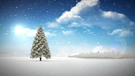 Animation-of-snowfall-over-tree-on-snow-covered-land-against-sun-in-cloudy-sky