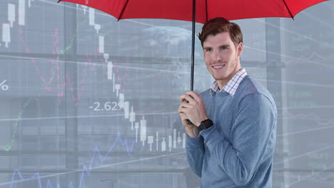 Animation-of-multiple-graphs-and-globe-over-caucasian-man-using-umbrella-to-get-protection-from-rain