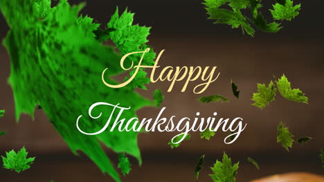 Animation-of-happy-thanksgiving-text-with-falling-green-leaves-over-abstract-background