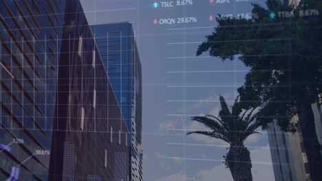 Animation-of-multiple-graphs-and-trading-board-over-low-angle-view-of-trees-and-building-against-sky