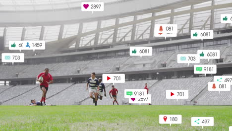 Animation-of-multiple-notification-bars-over-diverse-rugby-player-playing-practice-match