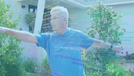 Animation-of-computer-language-over-senior-caucasian-man-stretching-hands-in-lawn-at-home