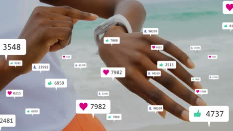 Animation-of-notification-bars-over-midsection-of-african-american-woman-using-smartwatch-at-beach