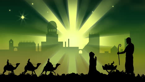 Animation-Der-Silhouette-Dreier-Weiser-Auf-Kamelen-über-Der-Stadtlandschaft-Auf-Grünem-Hintergrund