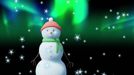 Animation-of-christmas-snow-man-moving-over-aurora-borealis-and-snow-falling-on-black-background