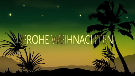 Animation-of-frohe-wihnachten-text-over-tropical-scenery-on-green-background