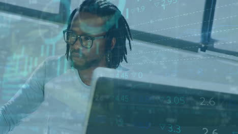 Animation-of-infographic-interface-over-african-american-businessman-with-dreadlocks-using-computer