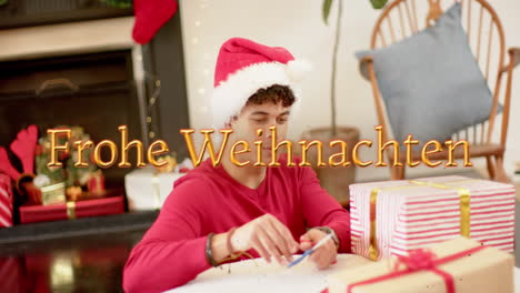 Animation-of-frohe-wihnachten-text-over-caucasian-man-wrapping-presents-at-christmas