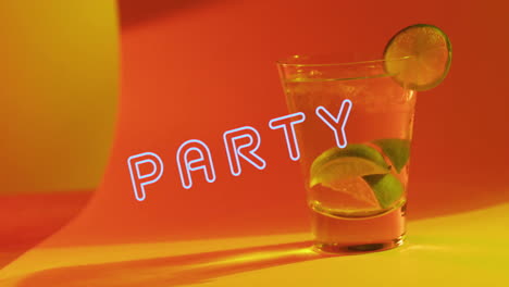 Animation-Von-Party-Neontext-Und-Cocktails-Auf-Orangefarbenem-Hintergrund