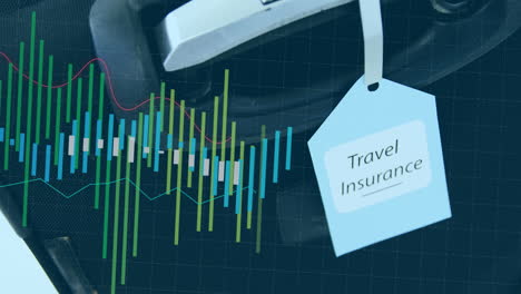 Animation-Von-Grafiken-über-Dem-Text-Zur-Reiseversicherung-Auf-Einem-Etikett,-Das-An-Einem-Trolley-Befestigt-Ist