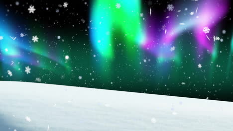 Animation-of-snow-falling-and-aurora-borealis-in-christmas-winter-scenery-background