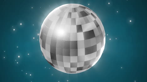 Animation-of-mirror-disco-ball-spinning-over-spots-of-lights-on-blue-background