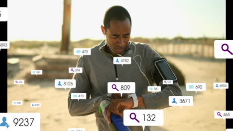 Animation-of-notification-bars,-biracial-man-adjusting-phone-on-arm-and-using-smartwatch