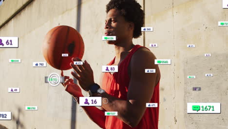 Animation-of-multiple-notification-bars-over-biracial-player-spinning-basketball-on-finger