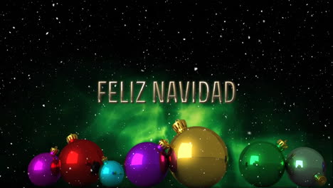 Animation-of-feliz-navidad-text-over-christmas-baubles-in-winter-scenery-background