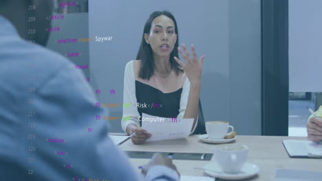 Animation-of-multicolored-computer-language-over-diverse-female-explaining-reports-to-coworkers