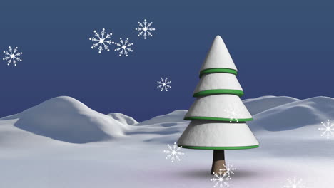 Animation-Von-Schneeflocken-über-Schneebedeckten-Bäumen-Und-Bergen-Vor-Abstraktem-Hintergrund