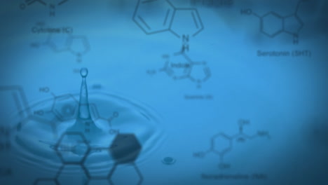 Animation-Von-Molekülstrukturen-über-Ins-Wasser-Fallenden-Wassertropfen-Vor-Blauem-Hintergrund