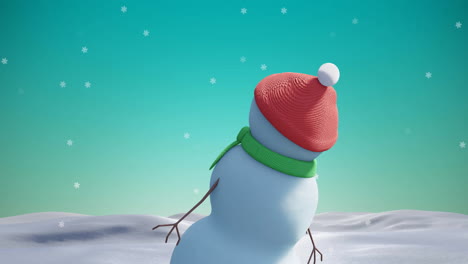 Animation-of-christmas-snow-man-moving-over-snow-falling-on-blue-background