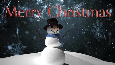 Animation-of-merry-christmas-text-over-snow-falling-and-snowman-in-christmas-winter-scenery