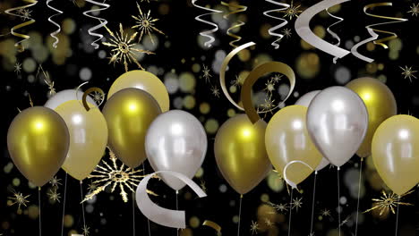 Animation-of-gold-and-silver-balloons-with-party-streamers-on-black-background