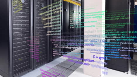 Animation-of-multicolored-computer-language-over-data-server-room