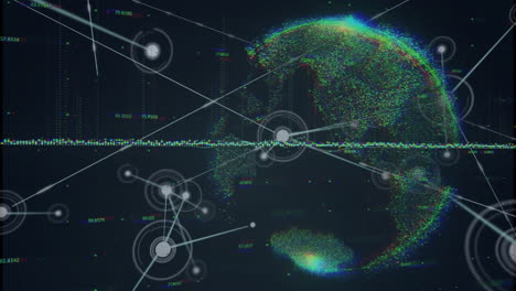 Animation-of-connected-dots-with-numbers-moving-over-globe-on-black-background