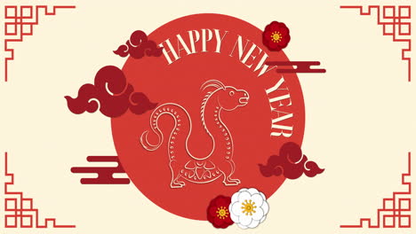 Animation-of-happy-new-year-text-with-dragon-sign-and-chinese-pattern-on-yellow-background