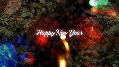 Animation-of-happy-new-year-text-over-flickering-fairy-lights-and-chrtismas-tree-background