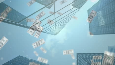 Animation-of-falling-dollar-bills-over-low-angle-view-of-modern-buildings-against-sky