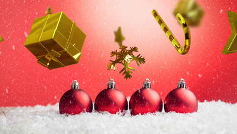 Animation-Von-Zuckerstangen-Und-Geschenken-Weihnachtsdekorationen-Mit-Kugeln-Auf-Rotem-Hintergrund