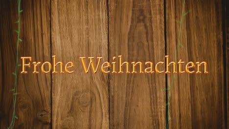 Animation-of-frohe-weihnachten-text-and-fairy-lights-on-wooden-background